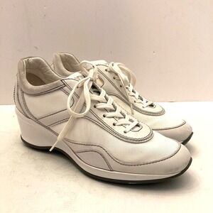 Tod's Lace Up Wedge Sneaker Women EU38 US 8 White Leather Fabric Narrow